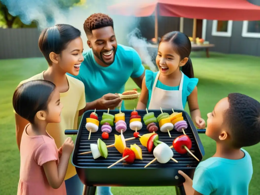 Niños emocionados mirando postres divertidos a la parrilla en un día soleado en el jardín