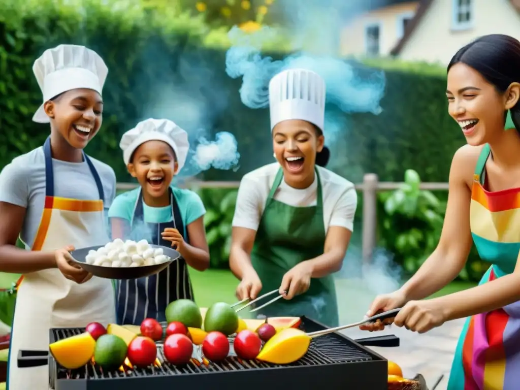 Niños felices cocinando postres divertidos a la parrilla en el jardín soleado