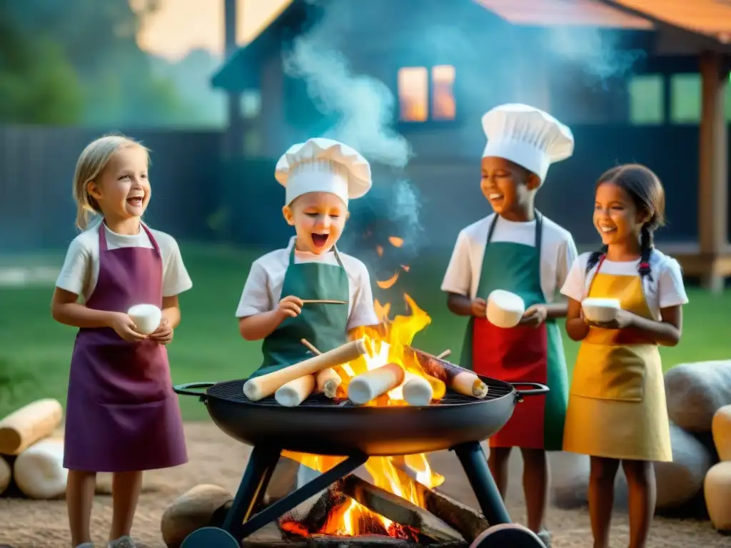 Niños felices preparando postres divertidos a la parrilla alrededor de una fogata en el atardecer