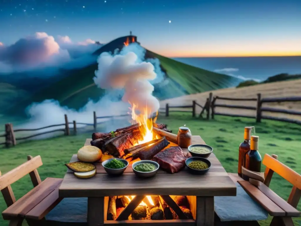 Una noche estrellada en el campo, tradición asado uruguayo con gauchos alrededor de la parrilla