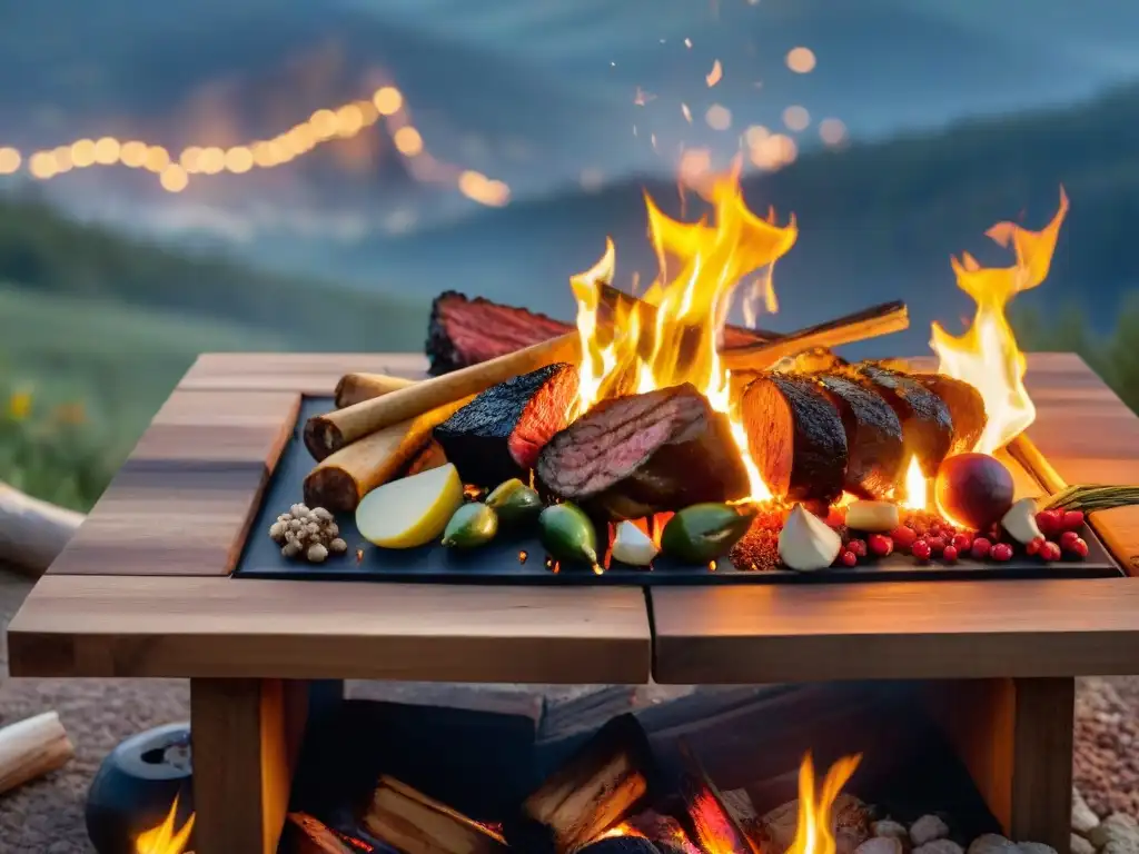 Una noche estrellada: mesa rústica con asado a la parrilla bajo el cielo estrellado