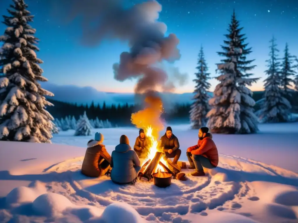 Noche invernal: amigos asando bajo las estrellas alrededor de fogata en la nieve