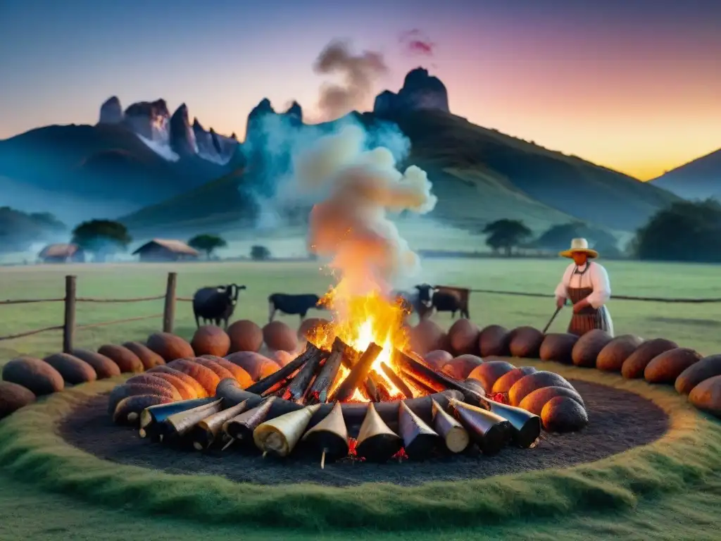 Una noche mágica de tradición asado uruguayo en el campo, con gauchos en torno a la parrilla bajo el cielo estrellado