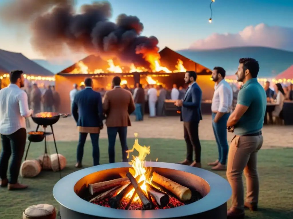 Una noche mágica en un festival de asado uruguayo al aire libre, con fuego, humo y deliciosos aromas bajo las estrellas