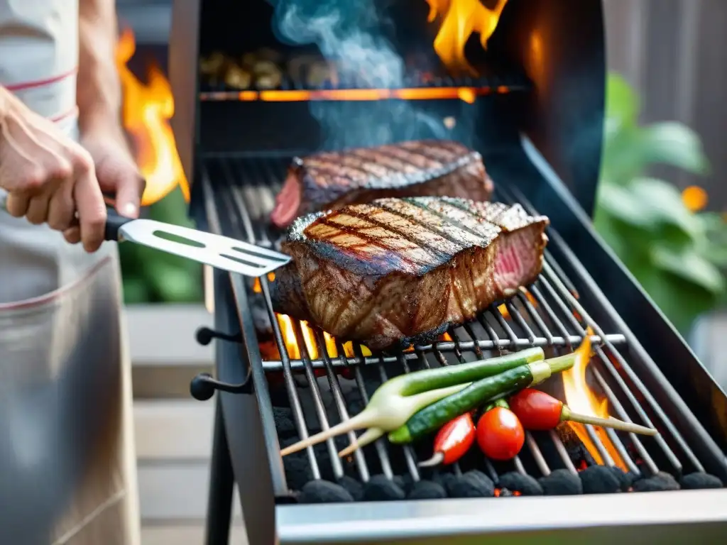 Un novato asador junto a un suculento filete gourmet en una parrilla creativa