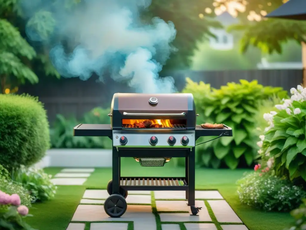 Un novato asador orgulloso junto a una parrilla de última generación en un exuberante jardín