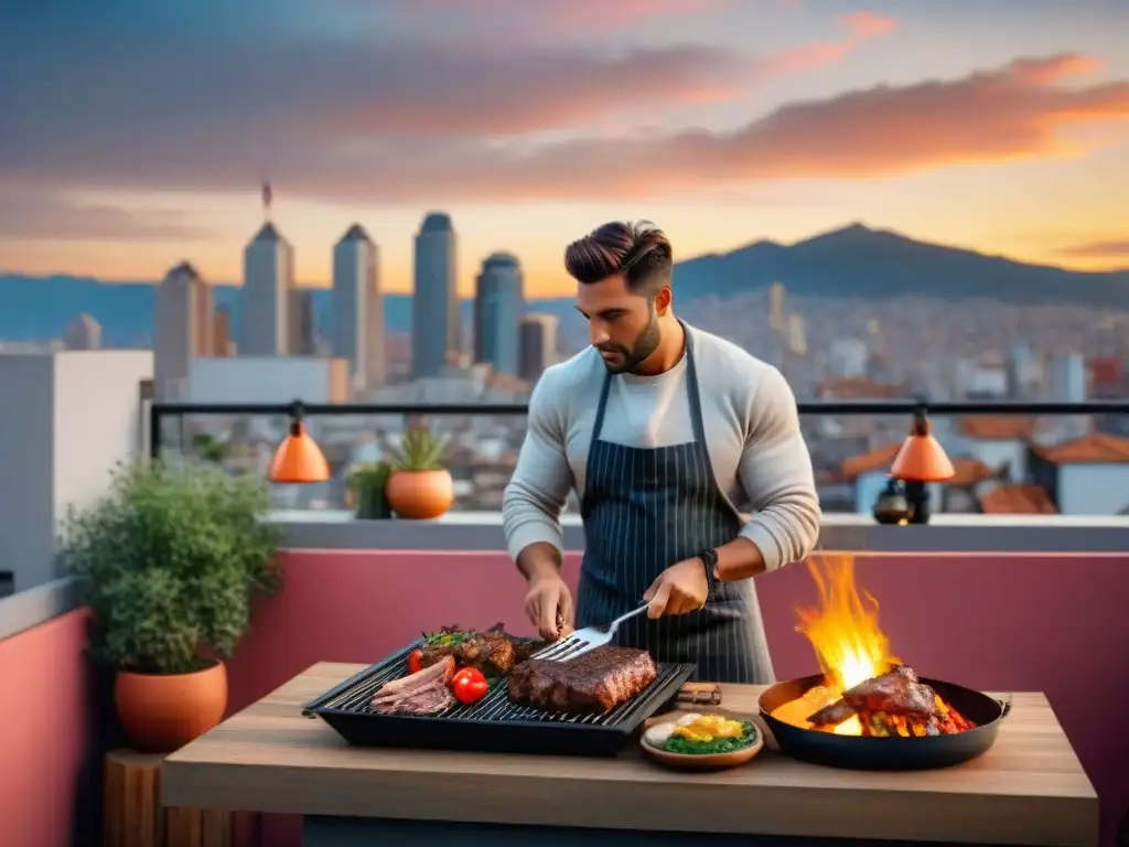 Un oasis de asado en espacios pequeños: parrilla sizzling, amigos riendo y hermosa vista urbana al atardecer