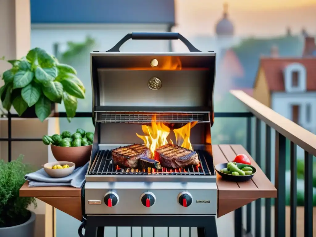 Un oasis de asado en espacios reducidos: parrilla, plantas y luces crean un ambiente acogedor en un balcón urbano