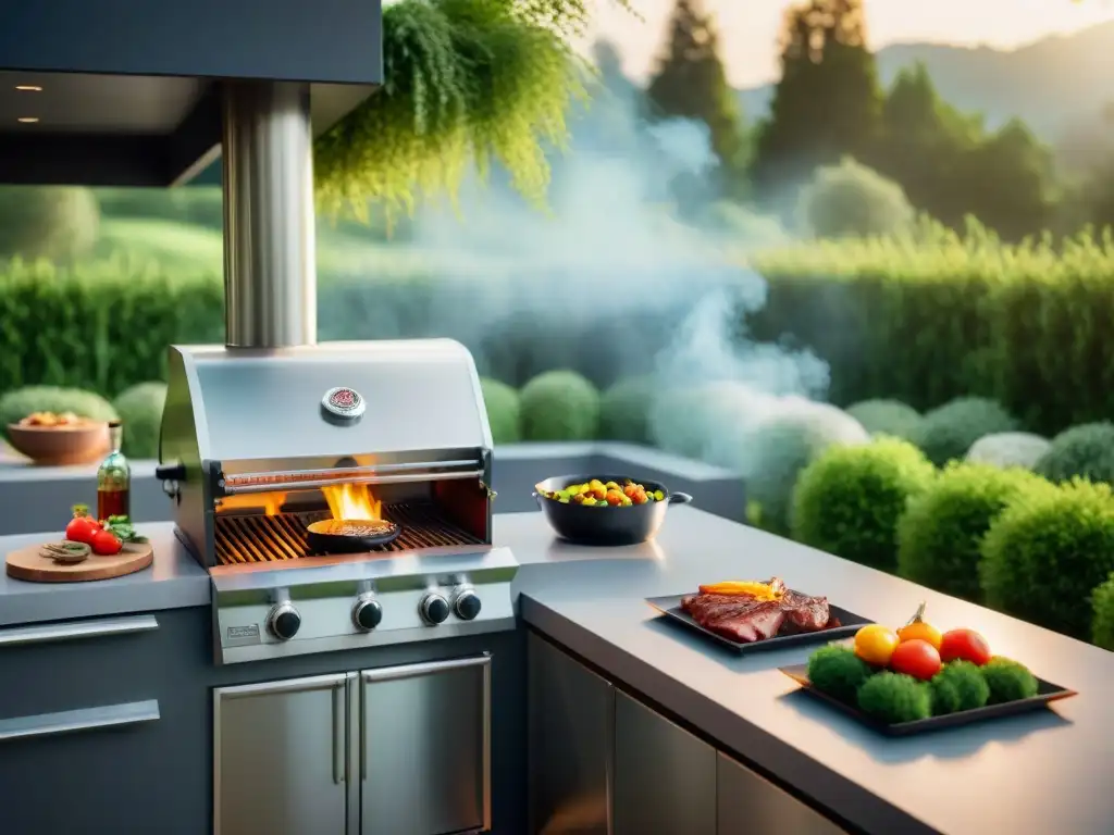 Un oasis de lujo al aire libre con una parrilla de acero inoxidable brillante