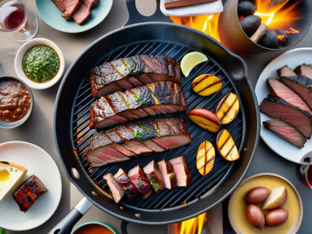 Una obra de arte del asado uruguayo online: carnes a la parrilla, chimichurri y vino Tannat en un atardecer dorado