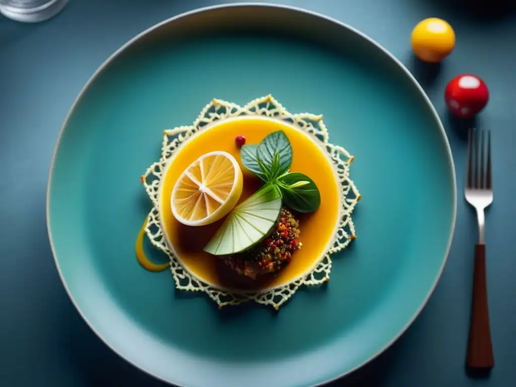 Una obra de arte culinaria con colores vibrantes y detalles elaborados, ideal para edición de fotos gastronómicas