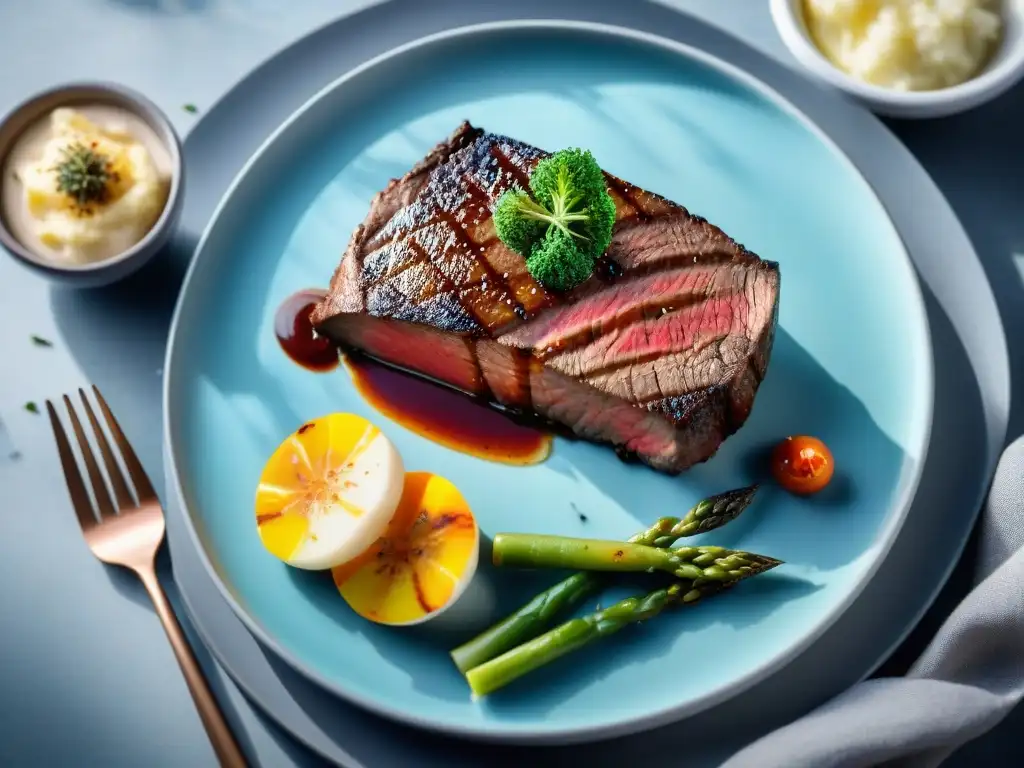 Una obra maestra culinaria con un asado jugoso y coloridos acompañamientos en una presentación creativa