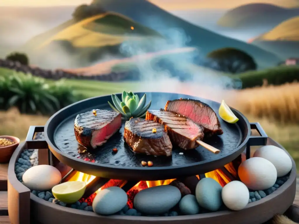 Paisaje de asado uruguayo con carnes en piedras calientes