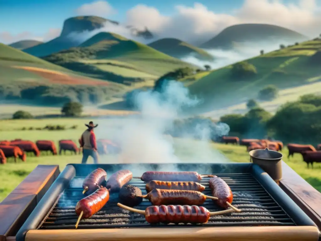 Paisaje del asado uruguayo: mesa con carne asada, gauchos y campo uruguayo