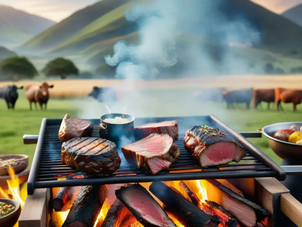 Un paisaje asombroso de un asado uruguayo tradicional, con un CarniceroChef experto en técnicas avanzadas de asado uruguayo