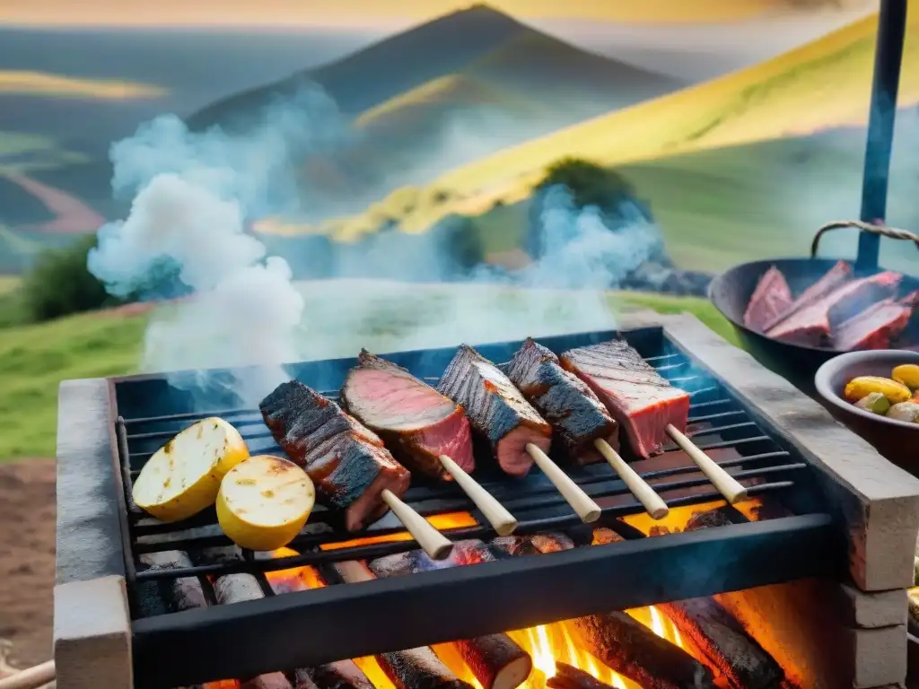 Un paisaje campestre uruguayo con un asado tradicional y un gaúcho experto asando carne sobre brasas