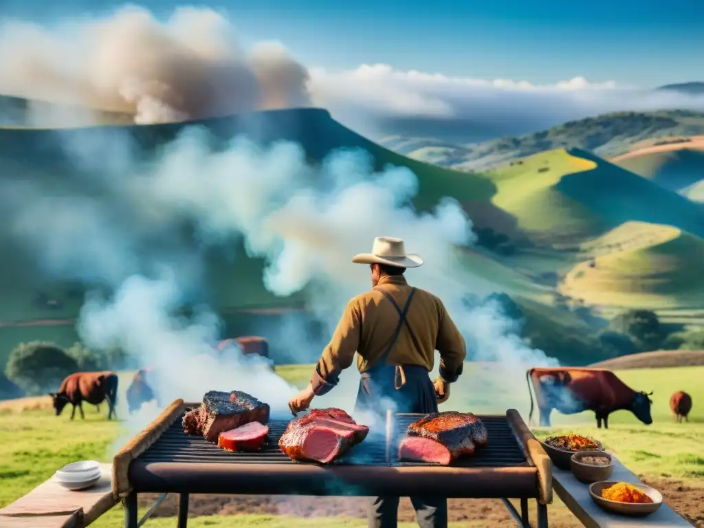 Escena de asado uruguayo: tradición gaucha en la parrilla Un paisaje campestre uruguayo con gauchos preparando un asado tradicional al aire libre