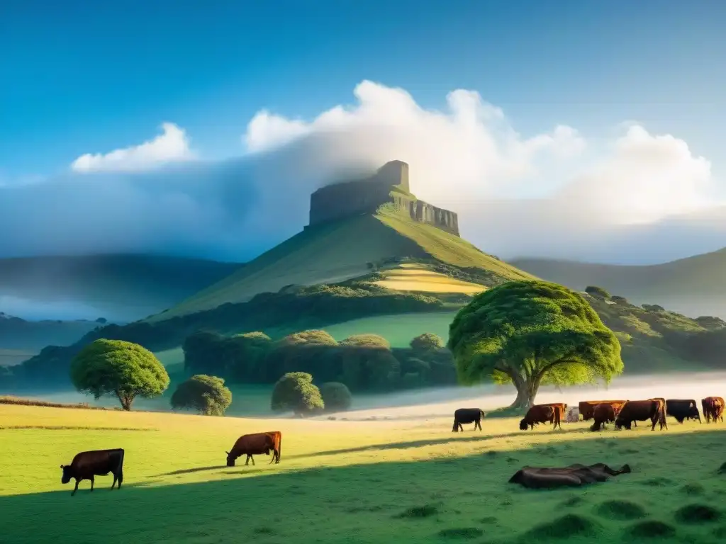 Paisaje campestre uruguayo con ganado pastando y un gaucho bajo el cielo azul