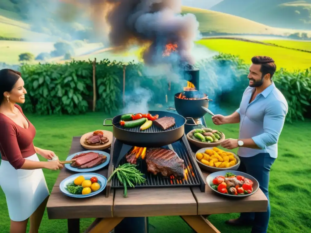 Un paisaje de campo uruguayo con un asado tradicional