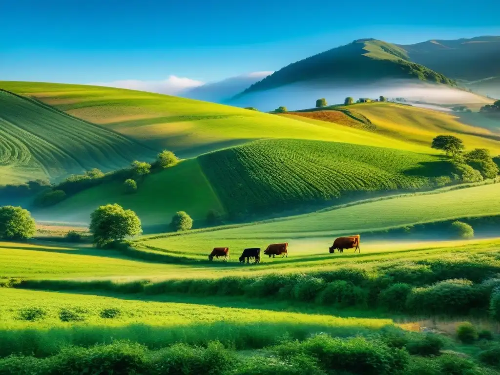 Paisaje de campo verde con vacas felices pastando, cielo azul y colinas