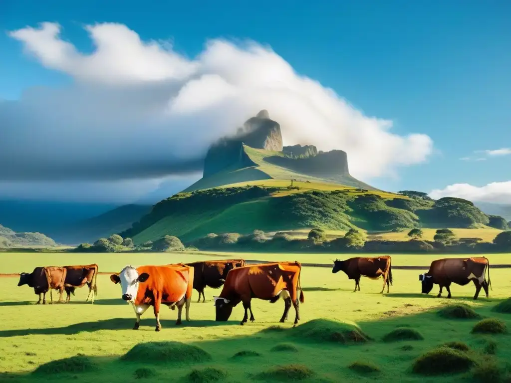 Un paisaje cautivador de la campiña uruguaya con ganado pastando bajo un cielo azul