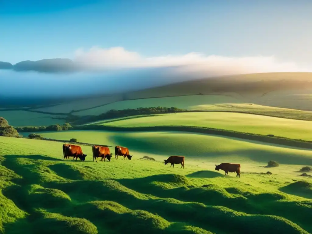 Un paisaje idílico en Uruguay con ganado pastando en una verde pradera, granja sostenible al fondo