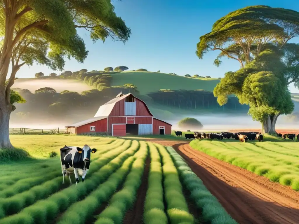 Paisaje idílico de granja sostenible en Uruguay, con vacas pastando en praderas verdes bajo un cielo azul