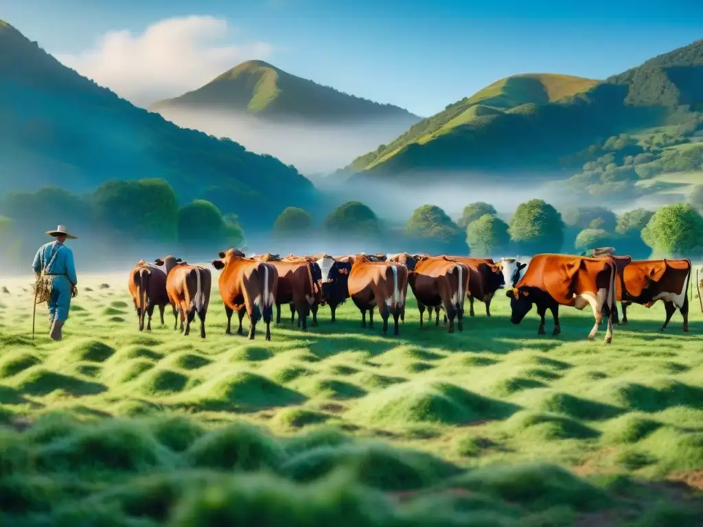 Un paisaje idílico de pastizales verdes donde pacen tranquilamente vacas, bajo un cielo azul