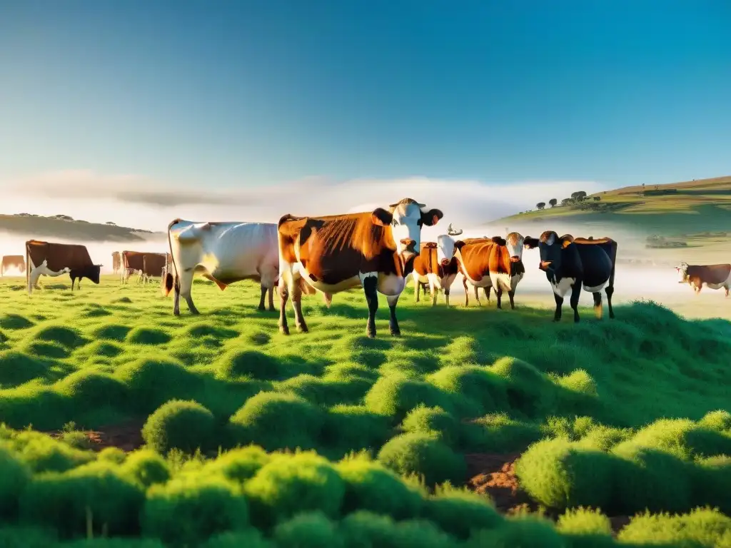 Un paisaje idílico de pastizales verdes en Uruguay, donde resplandecen vacas marcadas con detalle