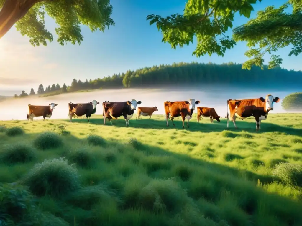 Un paisaje idílico de una pradera verde exuberante con vacas felices pastando bajo un cielo azul