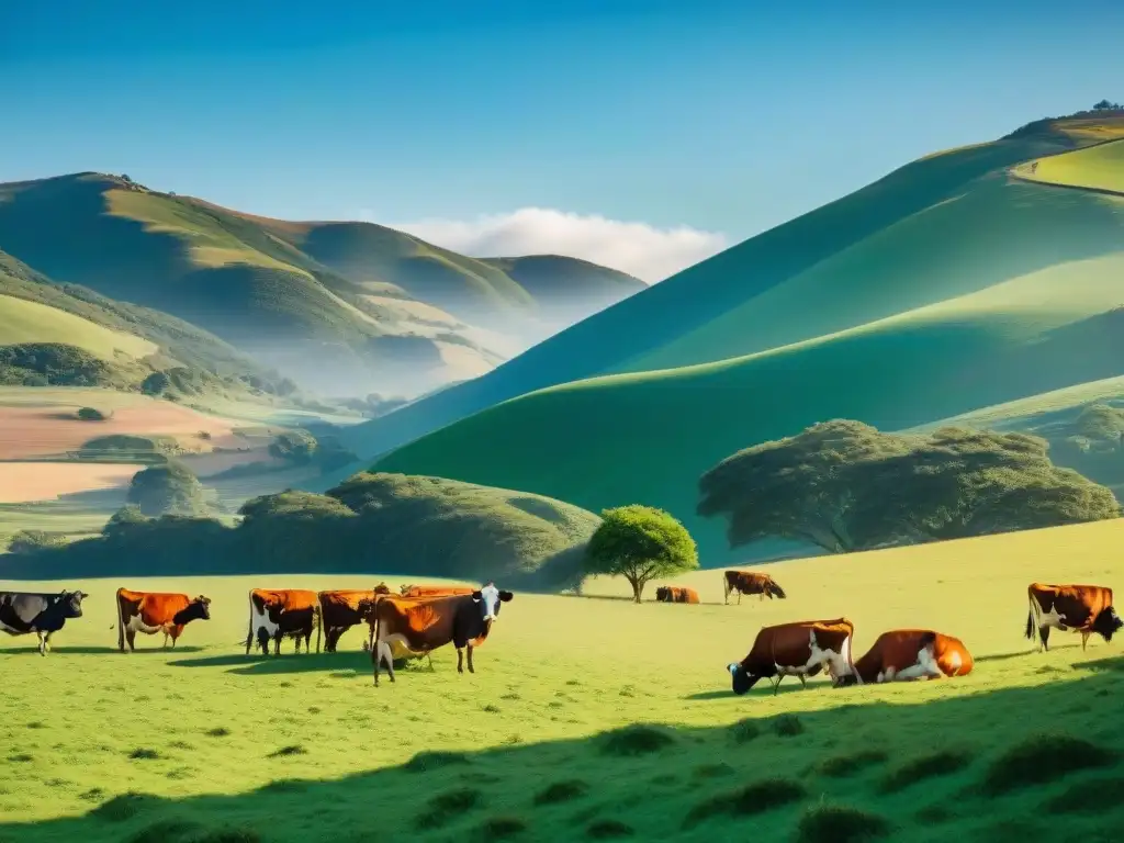 Un paisaje idílico de un prado verde exuberante bajo un cielo azul despejado, con vacas felices pastando