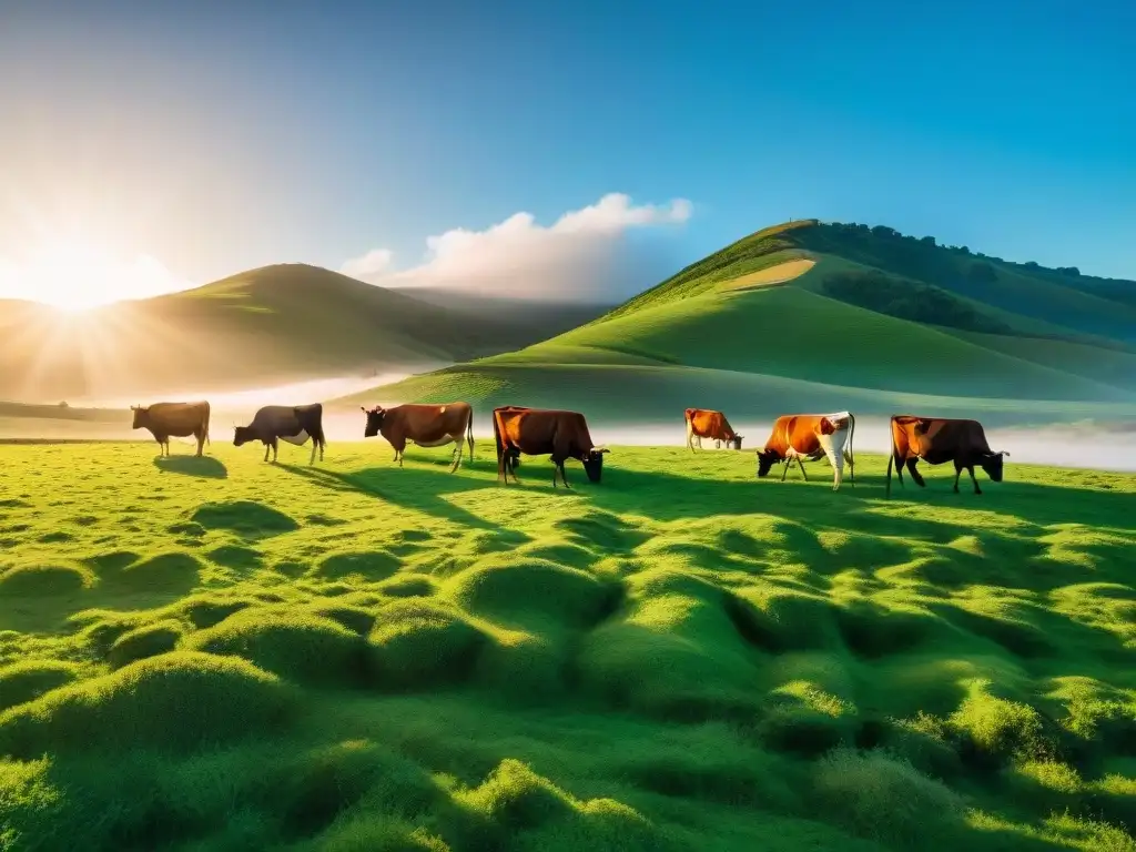 Un paisaje idílico en Uruguay con vacas felices pastando en un prado verde, bajo un cielo azul brillante