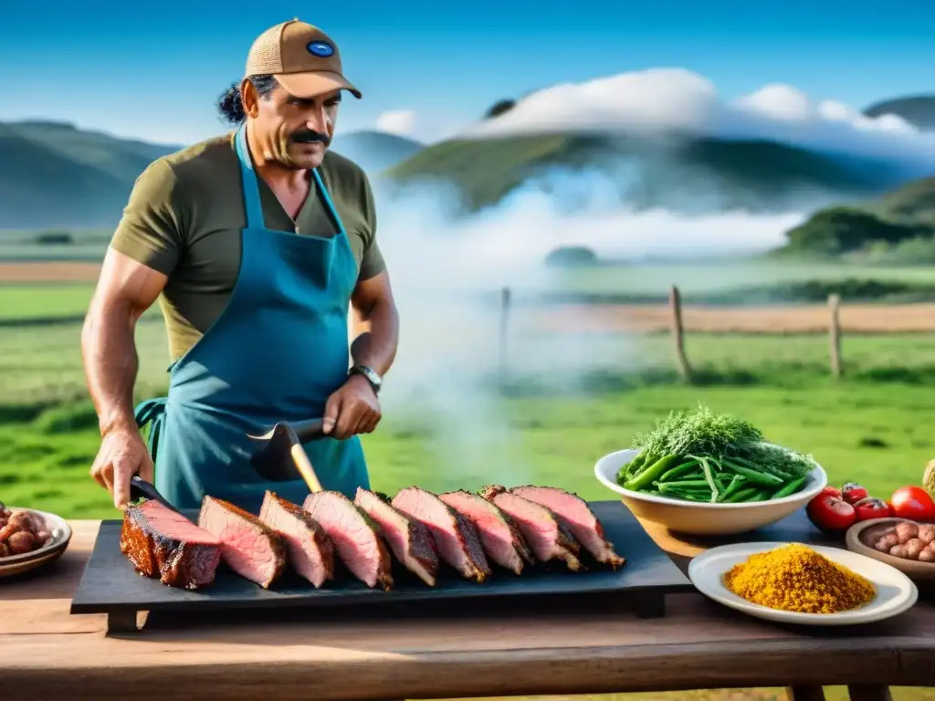 Un paisaje rural uruguayo con un gaucho preparando un asado, resaltando la importancia de la procedencia en la comida tradicional uruguaya