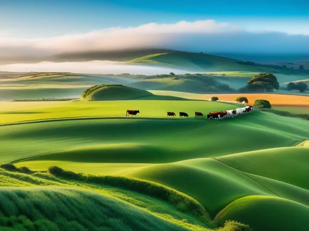 Paisaje sereno de campo en Uruguay, vacas pastando bajo cielo azul