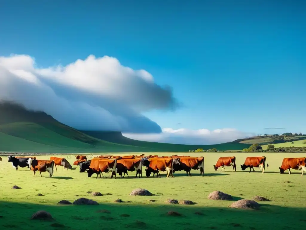 Paisaje idílico de ganado en pastizales verdes de Uruguay Un paisaje sereno de un exuberante campo en Uruguay, con ganado pastando