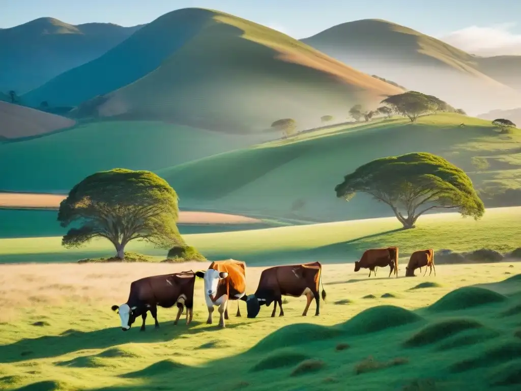 Un paisaje sereno en Uruguay, con pasto verde y ganado pacífico bajo el cielo azul