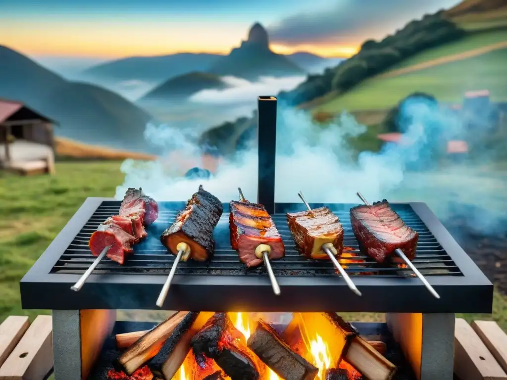 Paisaje sereno de un tradicional asado a la cruz uruguayo con cortes de carne asándose sobre una fogata en el campo