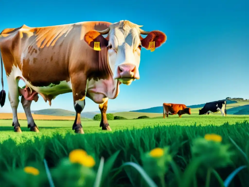 Paisaje sostenible con vacas pastando en Uruguay bajo cielo azul, destacando la armonía entre naturaleza y ganado