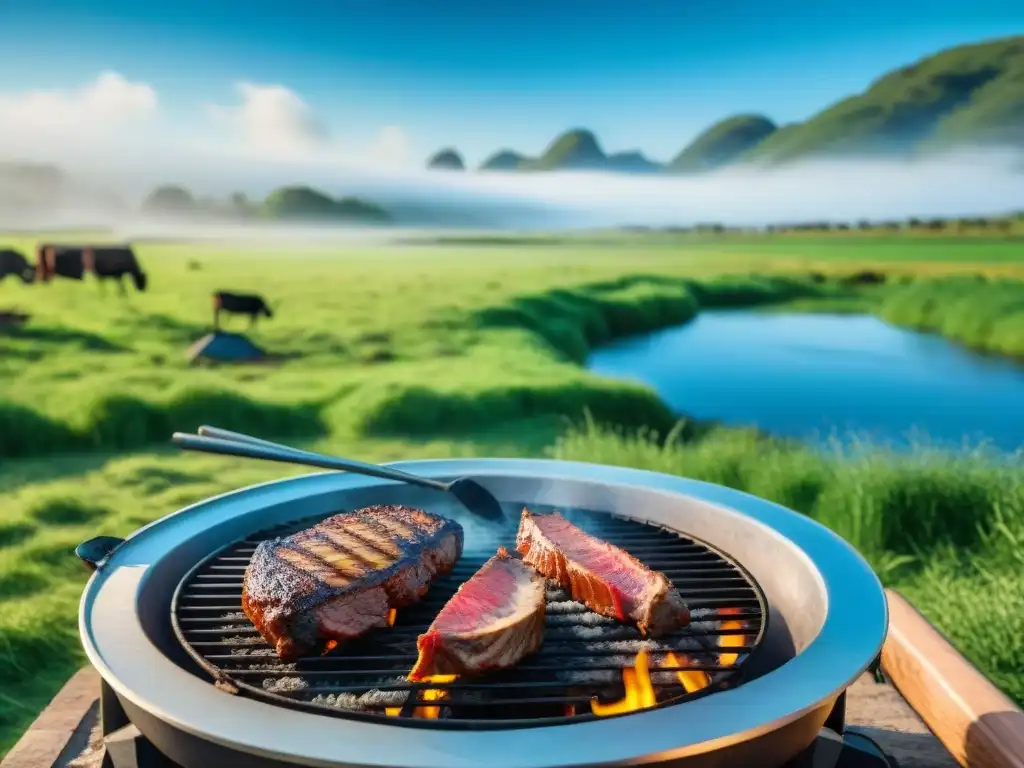 Paisaje uruguayo con asado tradicional, gauchos y río