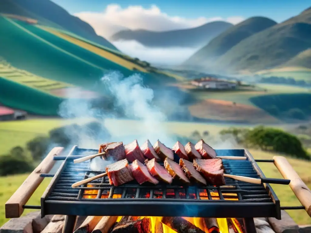 Paisaje uruguayo con un asado tradicional y gauchos, resaltando la tradición gastronómica del asado uruguayo