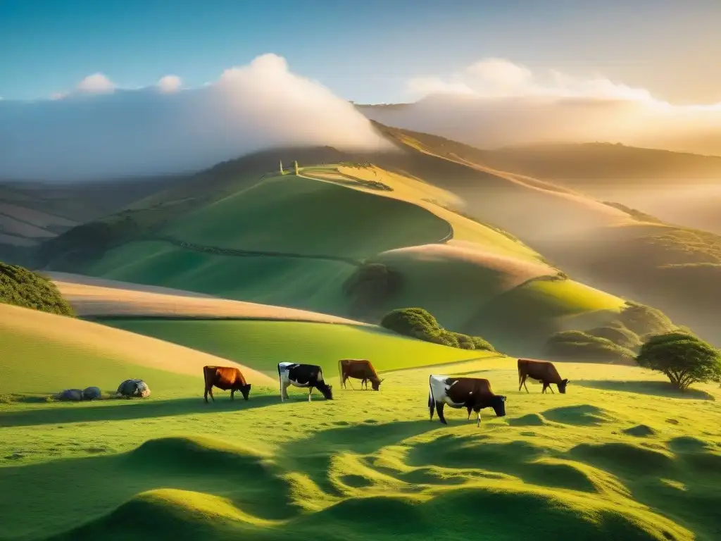 Paisaje uruguayo al atardecer con ganado pastando en un prado verde, evocando la esencia de la alimentación del ganado para cortes uruguayos