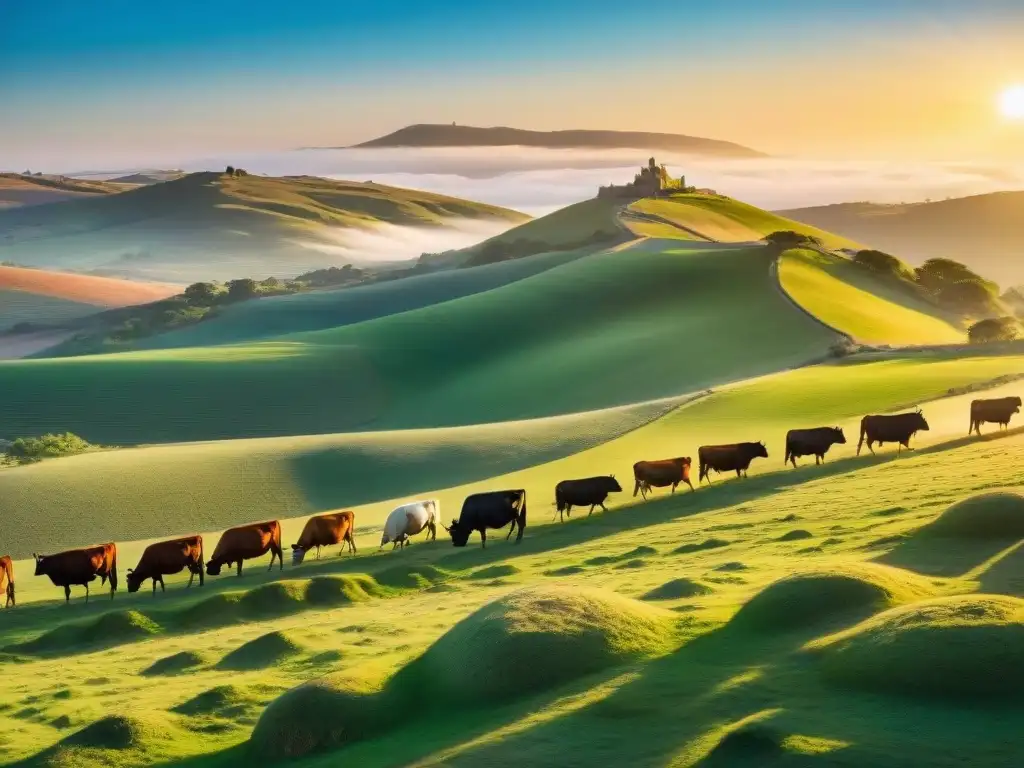 Paisaje uruguayo con ganado pastando en colinas verdes bajo un cielo azul, reflejando la producción de asado uruguayo sostenible y carne responsable