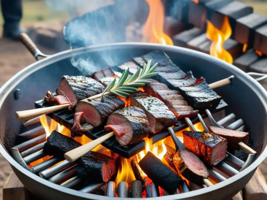 Un paisaje uruguayo rústico con el mejor asado, destacando cortes como vacío, tira de asado y chorizo, iluminado por las brasas