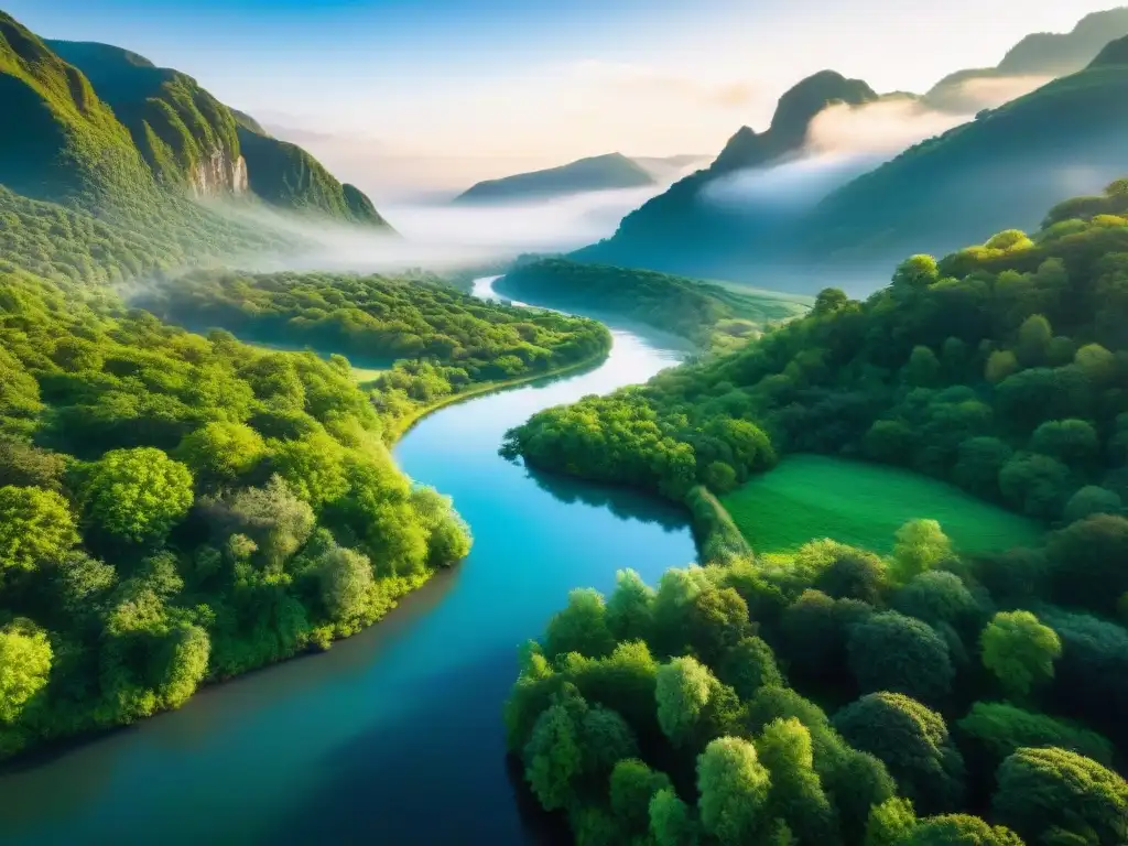 Un paisaje vibrante con un río cristalino serpenteando entre árboles frondosos