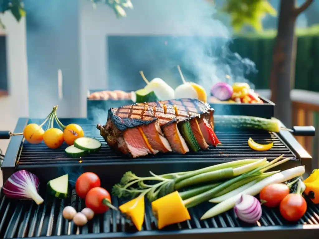 Fotografía de una paleta de colores asado, con vegetales y carnes perfectamente cocidos en una parrilla vibrante bajo el sol cálido