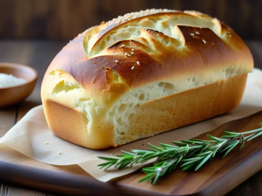 Un pan casero dorado recién horneado en tabla de madera con aceite de oliva y romero fresco