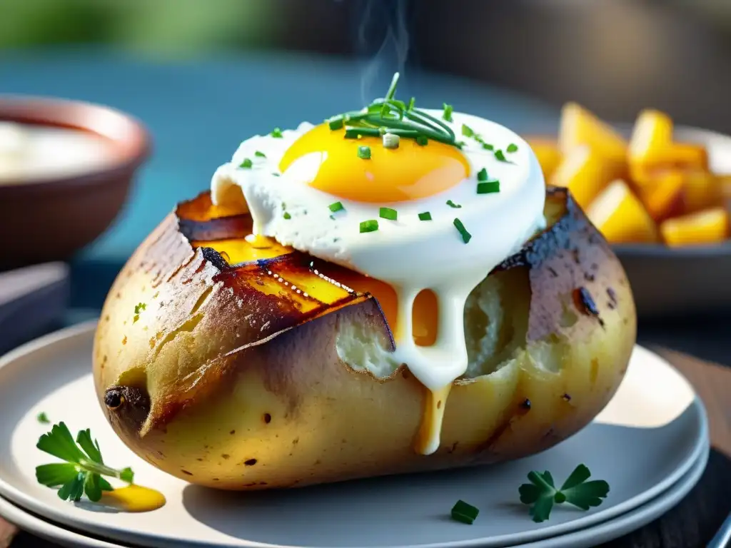 Papas asadas perfectas recetas guía: una deliciosa papa asada con crema agria, cebollino y mantequilla derretida en un entorno de parrilla al aire libre