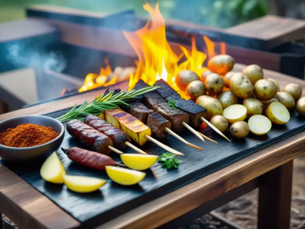 Papas asadas perfectas recetas guía: escena mágica con mesa de madera al aire libre, parrilla humeante y hierbas frescas bajo la luz del sol