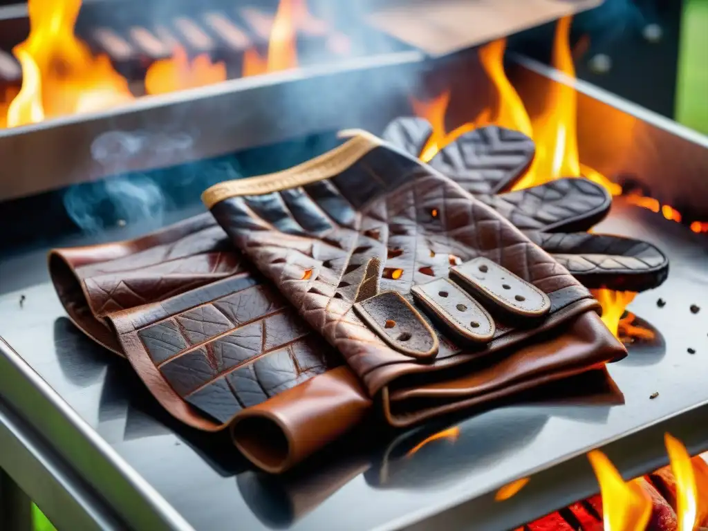 Guantes de BBQ de lujo uruguayos: protección y estilo para asados Un par de guantes asador de alto rendimiento, lujo y tradición uruguaya en una parrilla