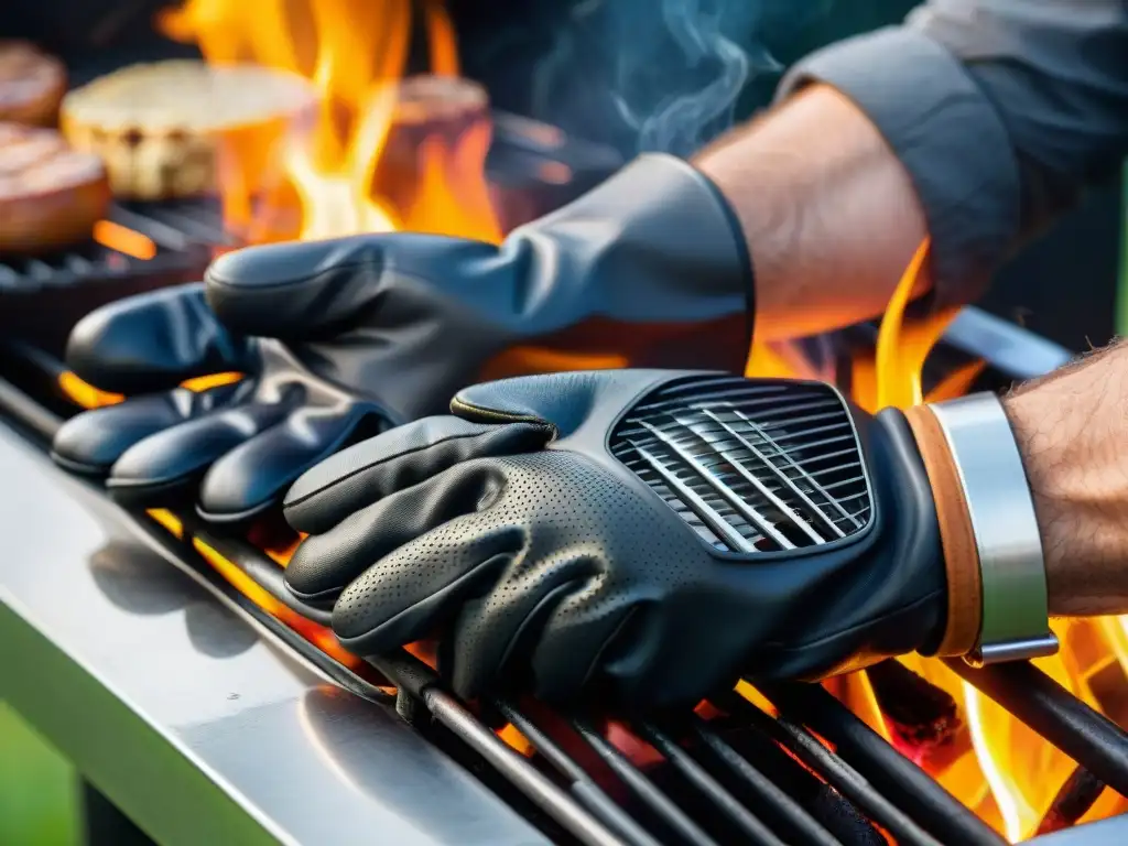 Guantes de parrilla premium: resistencia y estilo Un par de guantes asador de alto rendimiento manejando parrillas y herramientas de barbacoa, destacando su durabilidad y estilo
